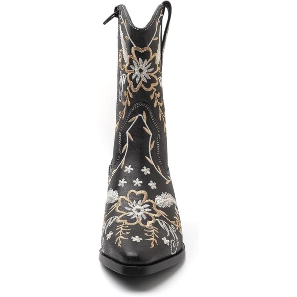 Anjoufemme Mid-calf Boot Black Polyurethane Embroidered Round-toe temperament - Picture 4 of 9